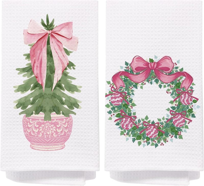 SPBL&L Chinoiserie Christmas Kitchen Towels, Pink Bow Coquette Christmas Tree Dish Towels for Kitchen Bathroom, Pink Christmas Hand Towels for Bathroom Kitchen, Grandmillennial Decor,16x24 Inches Set of 2 - Image 1